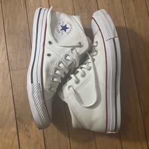 Converse White Canvas High-Tops with Red and Black Stripes